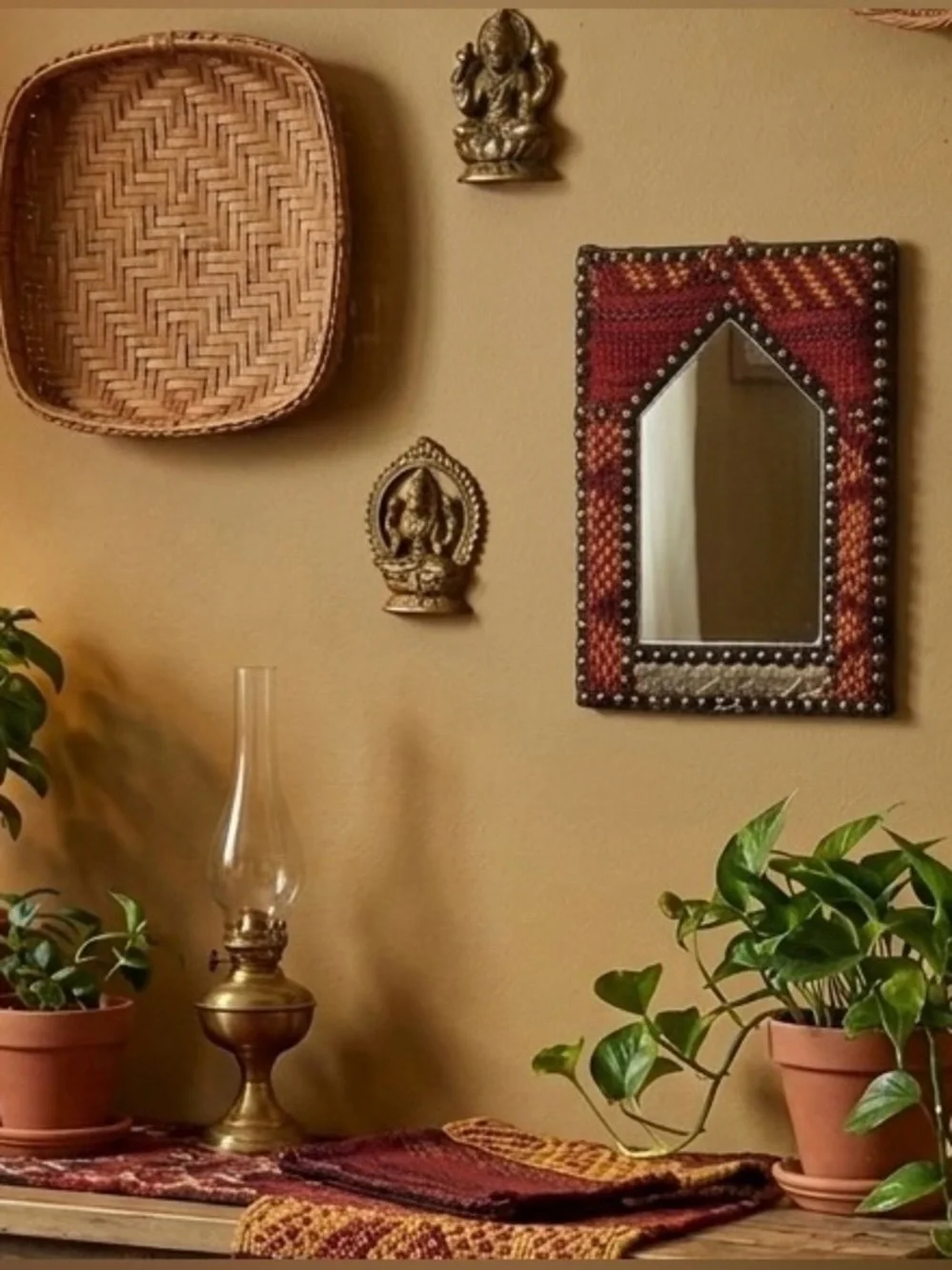 Egyptian Kilim Rug Mirror Studs Vibrant Colors With Carved Metal Red And Gold